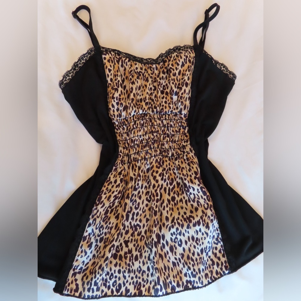 Y2K Black and Leopard Cami with Lace Detailing
